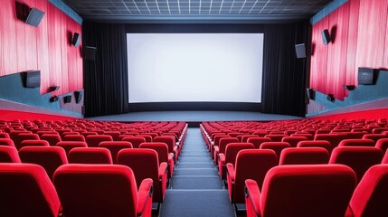 A deserted movie theater with rows of red seats and a blank screen, ready for the next big screening, isolated on white
