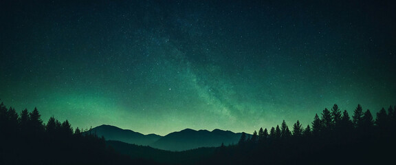 A starry night sky over a forest and mountains