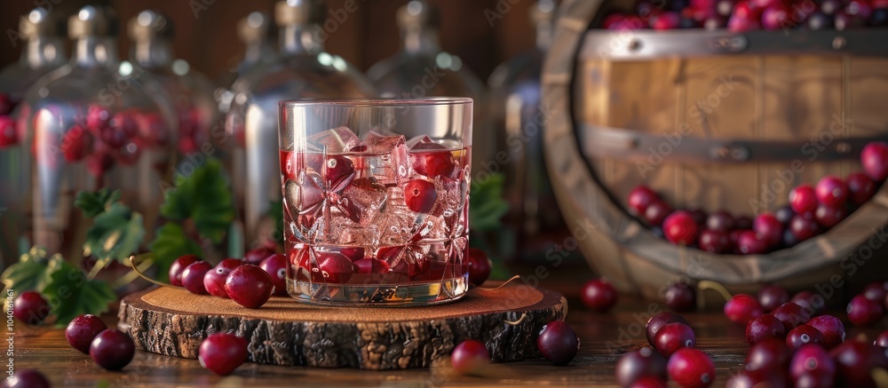 Poster wooden stand and background with vodka and cranberries stacked creating a visually appealing copy sp