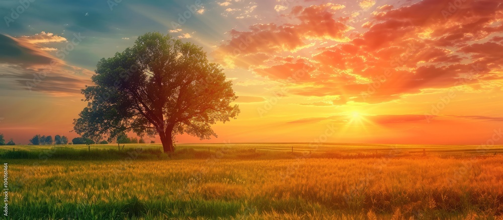 Poster vivid sunset showing red orange and yellow hues with sun clouds field and trees in the background cr