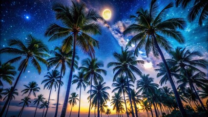 Night Photography of Lush Palm Trees Against a Starry Sky for Tropical Aesthetic
