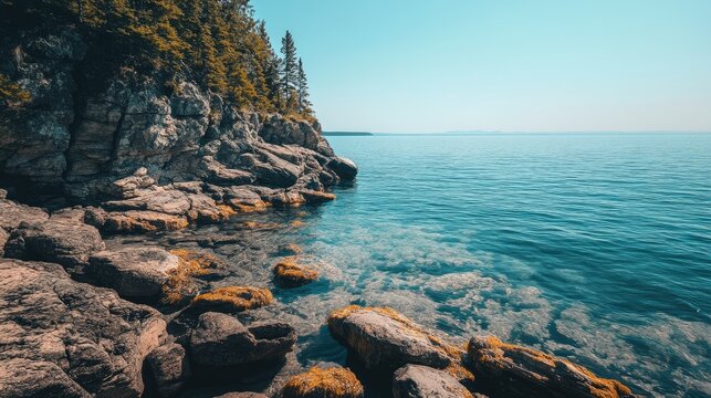 Rocky shore along the Canadian Great Lakes with clear skies, leaving space for text