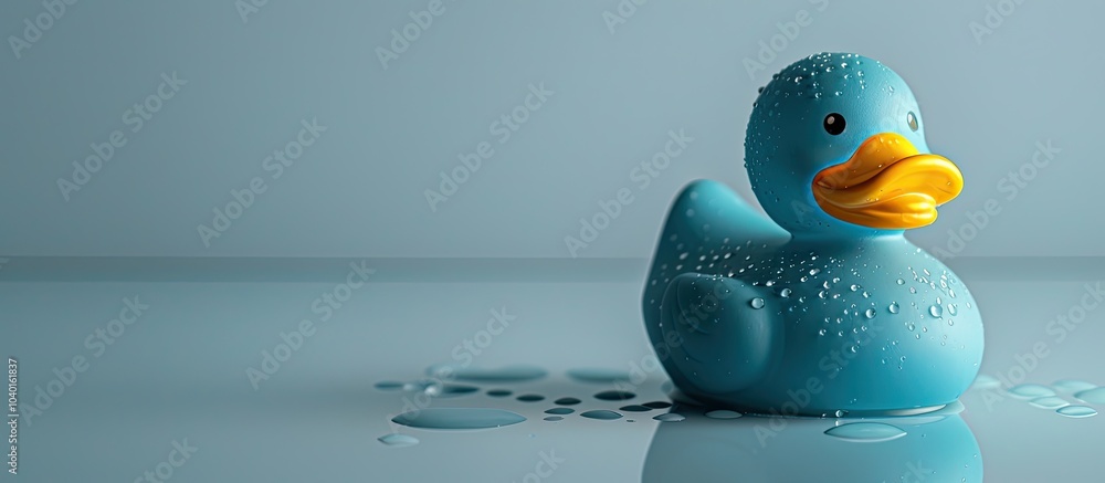 Poster space available beside a fallen sparkling blue rubber duck on a light grey background. copy space im