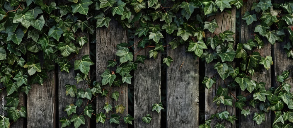 Aufkleber lush green ivy leaves enveloping an aged rustic garden fence creating a natural background texture s