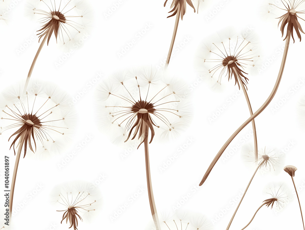 Poster seamless pattern of minimalist white dandelion seed outlines float across tiles - symbolizing lettin