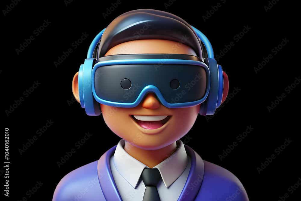 Poster close-up macro image of employee's face illuminated by colorful vr visuals while wearing headset in 