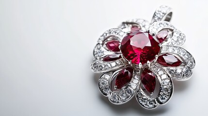 Fototapeta premium A gemstone pendant featuring a central ruby and diamond accents, placed against a white background