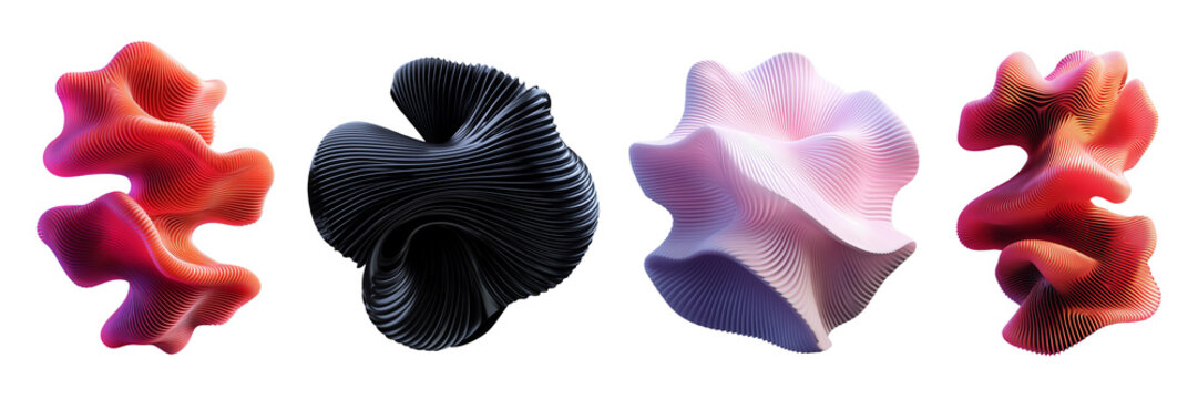 Different futuristic organic ribbed 3D shapes set. Distorted corrugated shapes trendy 3D elements. Ai generated