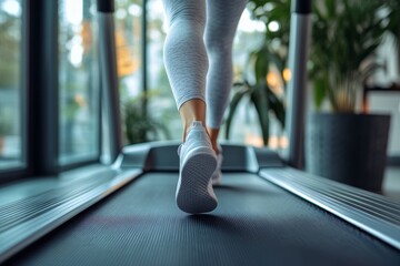 leg of woman running on treadmill in the gym which runner athletic by running shoes. Health and sport concept background, ai generated