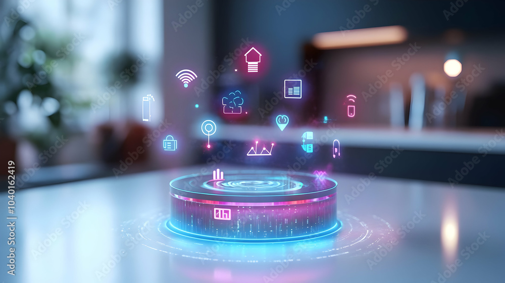 Poster 3d holographic smart home hub floating iot icons tracking shot circling concept for innovative techn