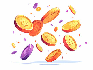 Vector Flat Coins Spinning Mid Air Illustration Dynamic View Revenue Wealth Concept Bright Light Reflection Simple Business Finance Design 2D Graphics White Background