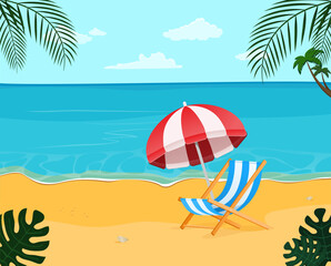 Beach umbrella and deck chair under the palm trees on a tropical beach