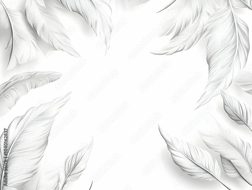 Wall mural Minimalist White Feather Outline Frame Medium Shot - Delicate Lightness for Janeiro Branco, Stress Relief Techniques, Isolated White Background, Emotional Calm, Simple Vector Illustration