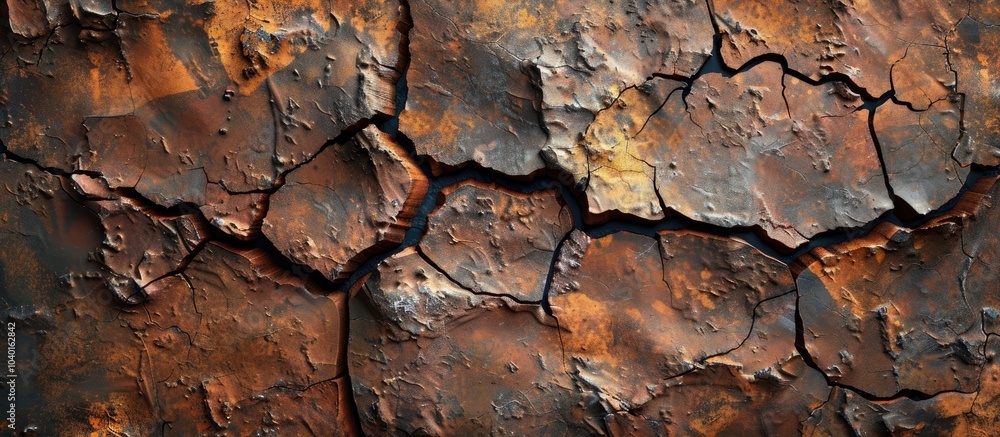 Poster cracked brown stone wall with rust color in a cave for an abstract background and texture beautiful 
