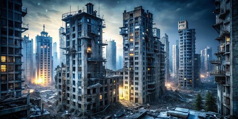 Naklejka premium Night Photography of Ruined Skyscrapers Isolated on White Background for Urban Decay Themes