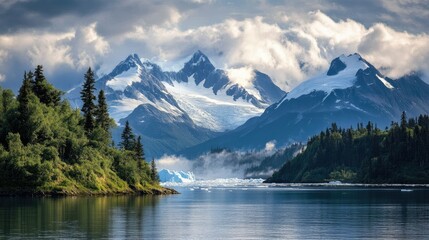 Snow-capped peaks in Alaska with glaciers stretching into the distance, leaving room for copy