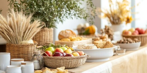 Fototapeta premium harvest table showcases apples, bread, and wheat in baskets, creating a rustic centerpiece for a seasonal Thanksgiving feast with a natural arrangement of fruits and food.