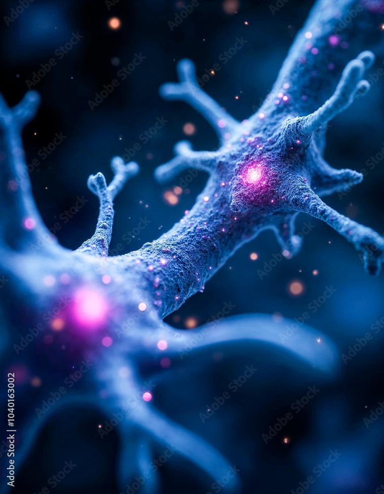 Poster a sci-fi visualization of bioluminescent neurons and synaptic networks