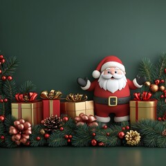 3D Joyful Santa Surrounded by Festive Gifts and Decorations