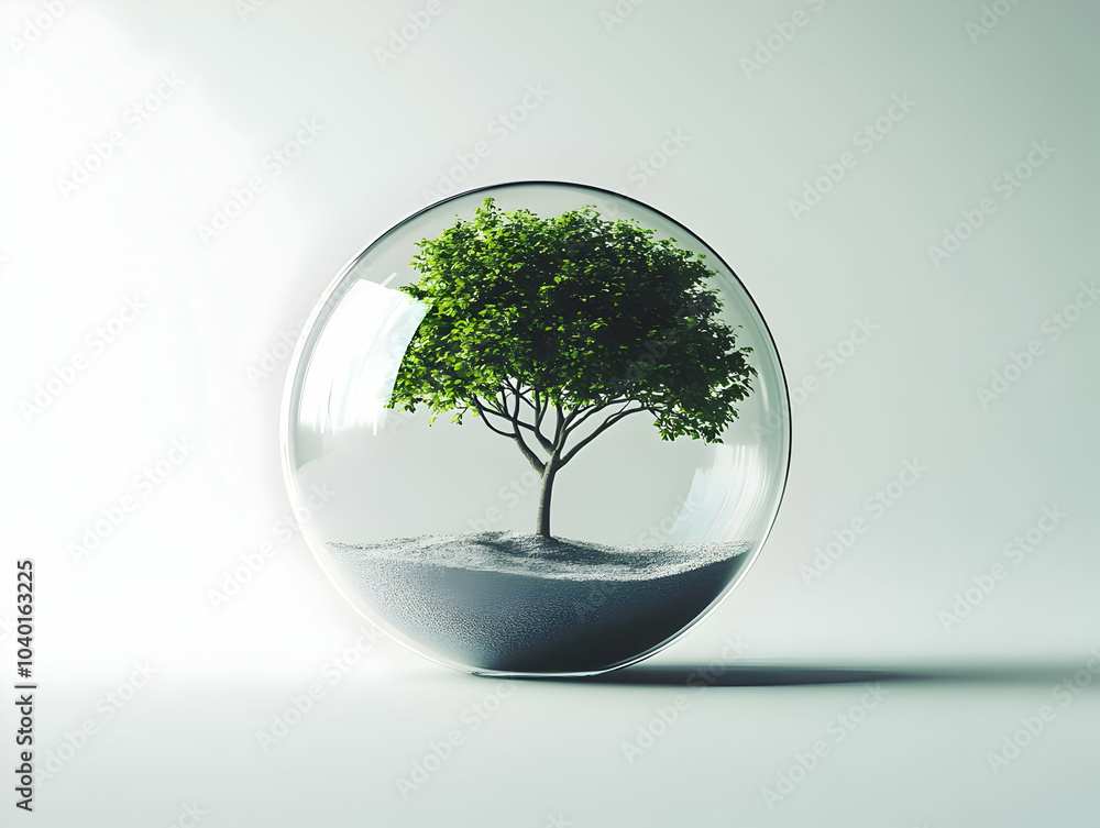 Poster flat plain globe with growing tree on glossy white background - global community growth through esg 