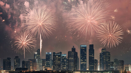 stunning display of fireworks illuminates night sky over vibrant city skyline, creating festive atmosphere. colorful bursts of light reflect joy and celebration of New Years Eve