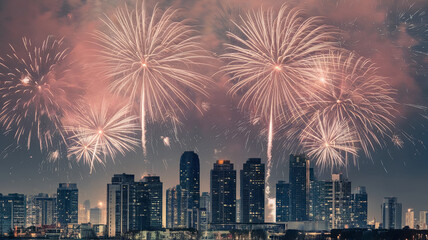 stunning display of fireworks illuminates night sky over vibrant city skyline, creating festive atmosphere. colorful bursts reflect joy and celebration of New Years Eve