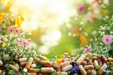 Colorful assortment of herbal capsules surrounded by blooming flowers in a natural setting