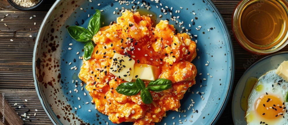 Poster close up image featuring a blue plate with scrambled eggs in tomato sauce accompanied by butter hone