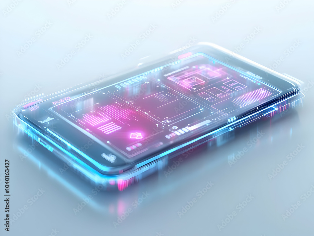 Poster holographic shopping list macro close-up: futuristic 3d text texture on sleek surface, modern smart 