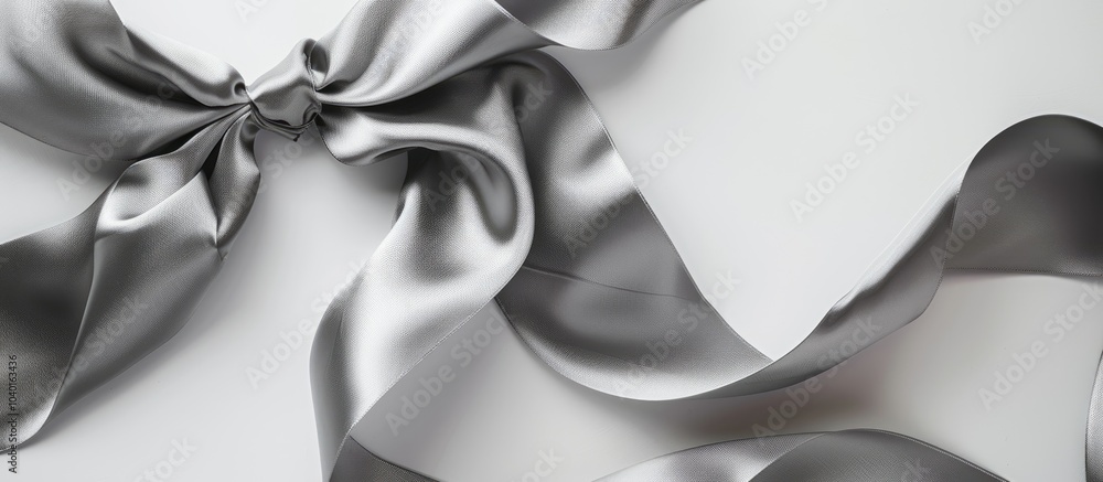 Poster close up view of a lovely grey ribbon on a white backdrop with copy space image available