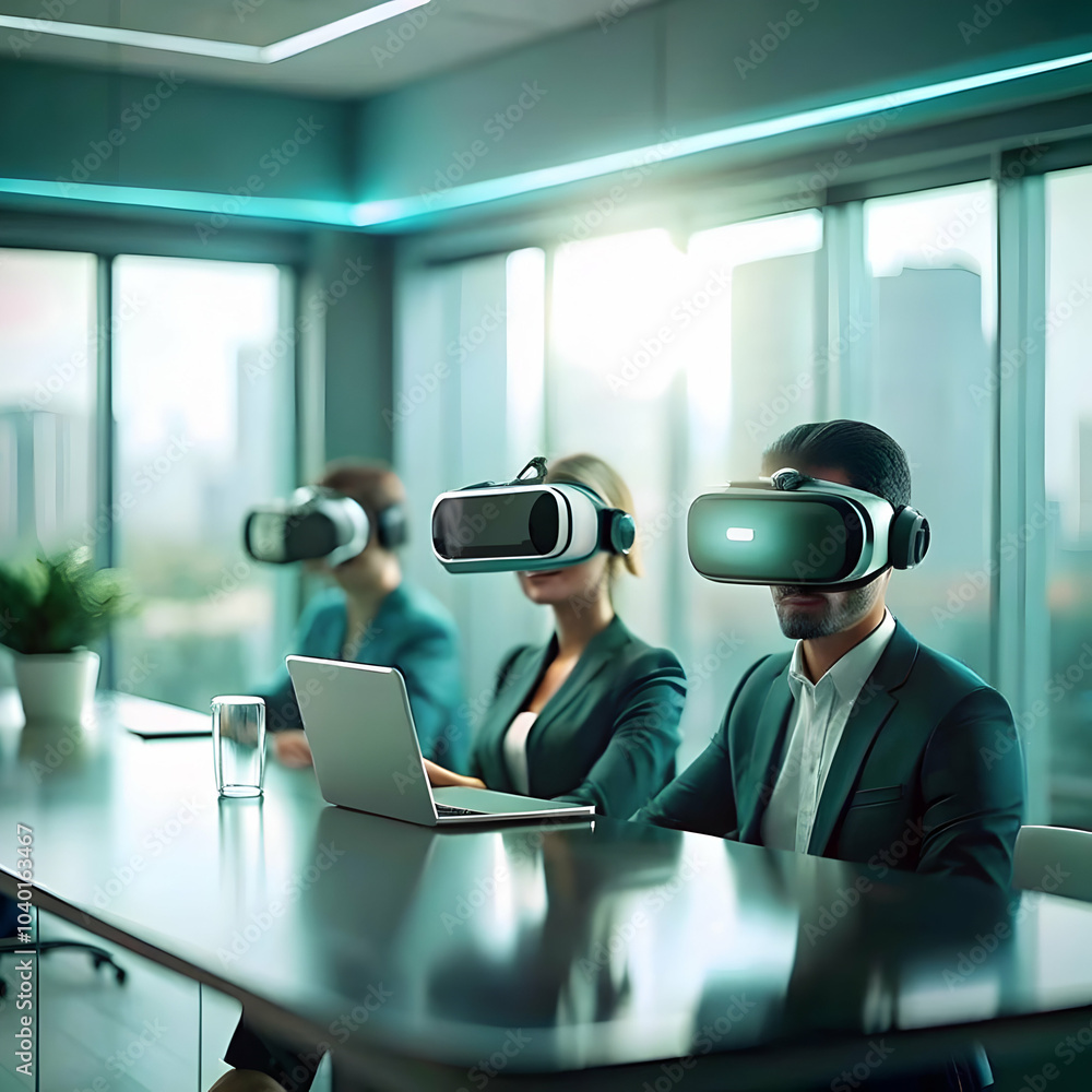 Poster glossy modern office with vr headsets employees innovating and collaborating in virtual environment 
