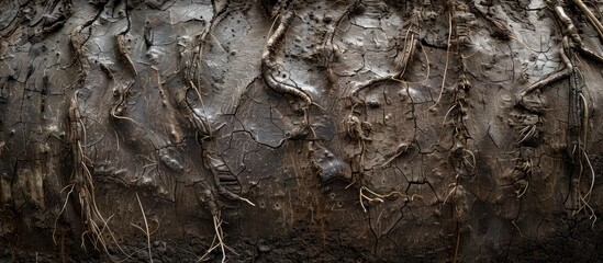A copy space image of the base of a coconut trunk featuring its fibrous roots varying in number based on factors like soil richness weather and plant condition