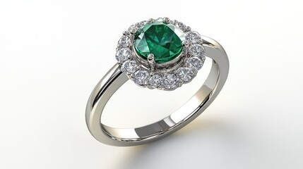 A luxurious gemstone ring featuring a central emerald surrounded by diamonds, isolated on a white background
