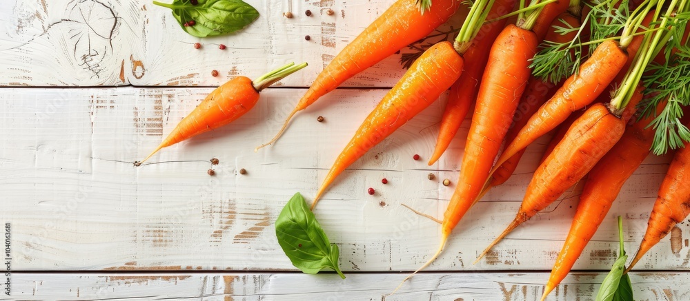 Poster on a white wooden surface lies a display of baby carrots sauce and a green leaf creating a picturesq