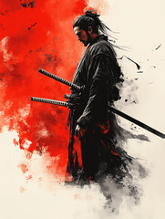 A lonely samurai with swords is standing in front of a red circle. 