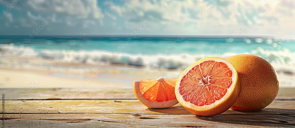 Poster fresh grapefruit cut in half on a wooden table with a seaside background offering copy space image i