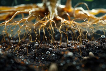 Rhizobia: A close-up view of Rhizobia bacteria forming nodules on plant roots, demonstrating nitrogen fixation in leguminous plants.