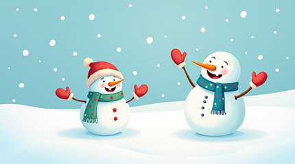 Two snowmen waving in snowy winter scene with snowfall