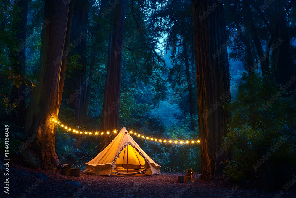 Poster a warm inviting tent set up in a peaceful forest illuminated by soft lights creating a serene atmosp