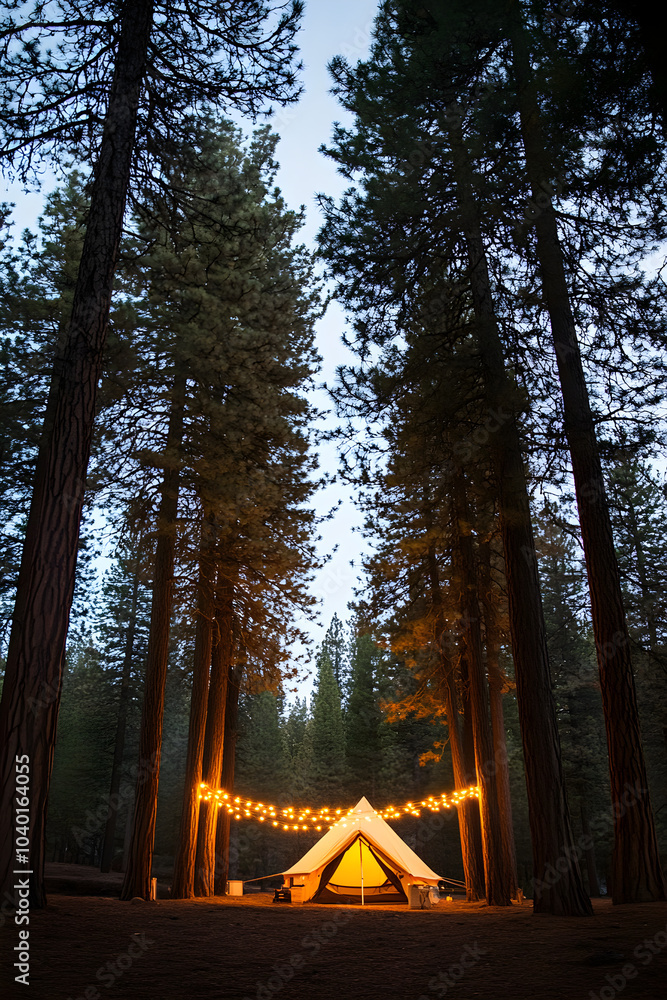Poster a warm inviting tent set up in a peaceful forest surrounded by tall trees glowing with string lights