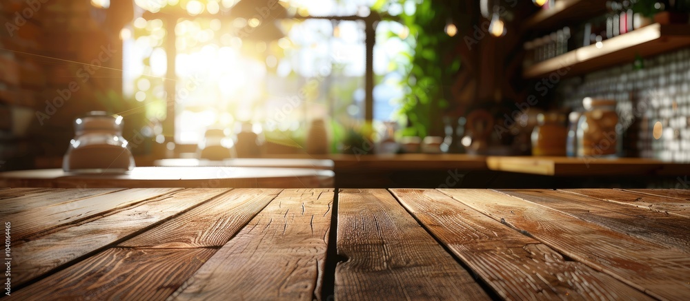 Poster wooden table with blurred background an empty counter and shelf surface creating a copy space image 
