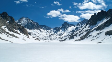 Fototapeta premium Snowy peaks of the Sierra Nevada mountains with a bright sky, leaving space for text