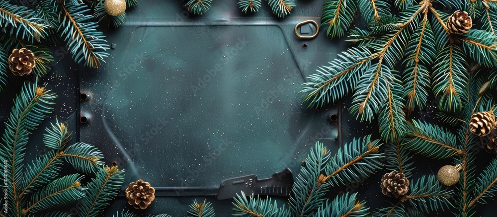 Poster black license plate on a green christmas tree backdrop with space for your text. copy space image. p
