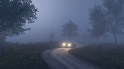 A quiet country road at dusk, with a car's headlights cutting through the thick fog, illuminating the winding path ahead --chaos