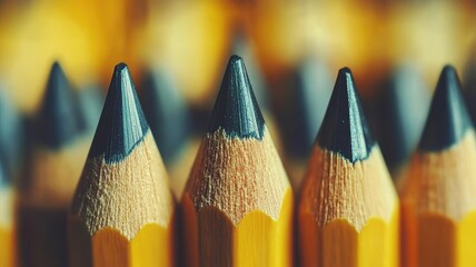 Close-up of sharpened pencils with yellow bodies and black tips