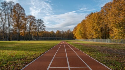 Outdoor running track with autumn trees and grassy field