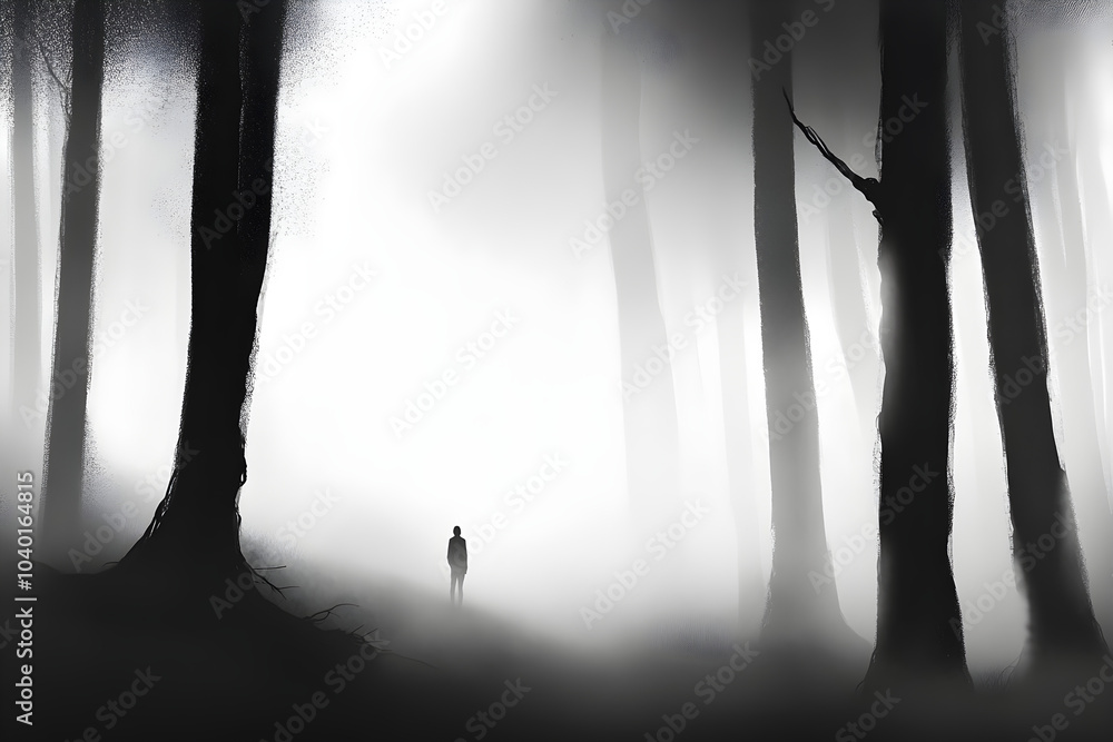 Poster a lone figure stands in a mist-covered forest, surrounded by tall trees and ethereal fog, creating a