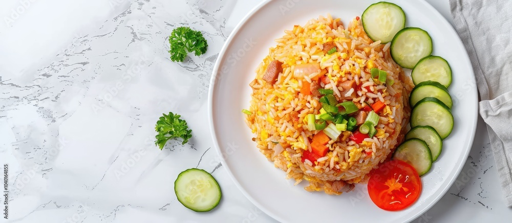 Poster top view of a plate featuring pork fried rice alongside cucumber and tomato slices with copy space i