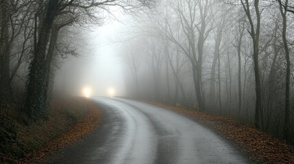 A quiet country road shrouded in thick fog, with car headlights glowing through the mist, creating a sense of mystery and isolation --chaos