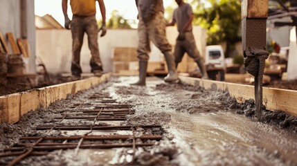 Pouring concrete into beam formwork, with workers adjusting the flow